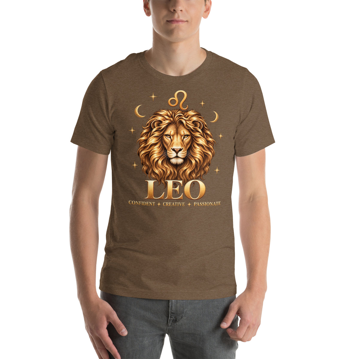 Leo zodiac t-shirt in heather brown, front: a golden lion with a full flowing mane in a night sky of gold stars