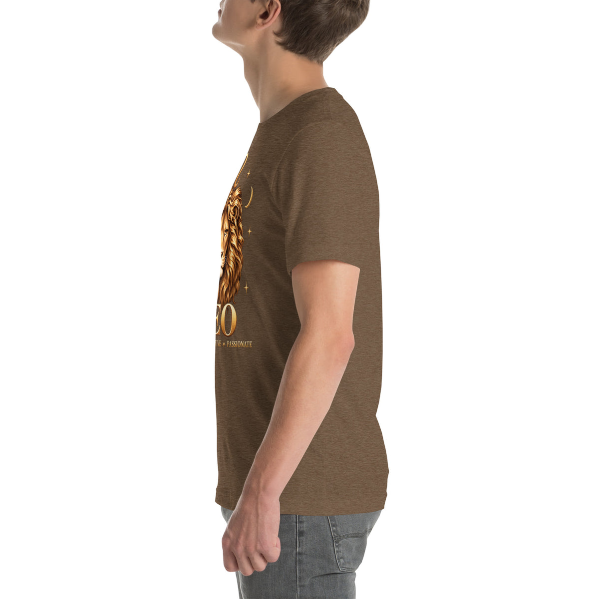 Leo zodiac t-shirt in heather brown, left side view