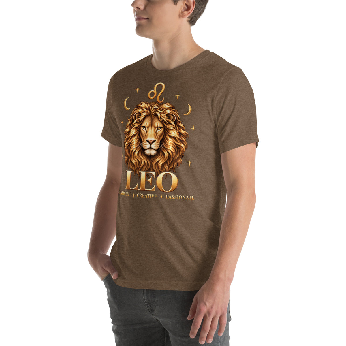 Leo zodiac t-shirt in heather brown, front view angled left