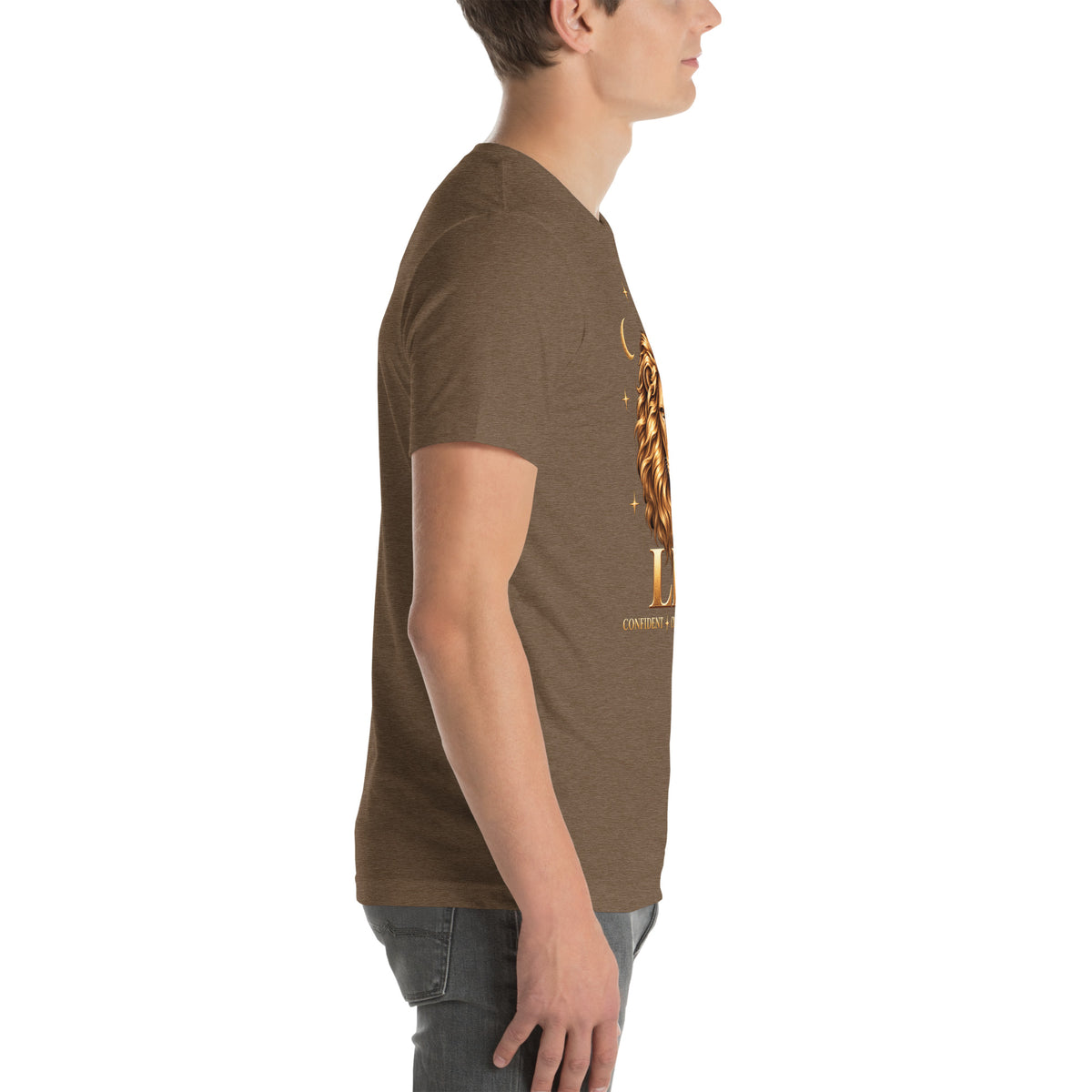Leo zodiac t-shirt in heather brown, right side view