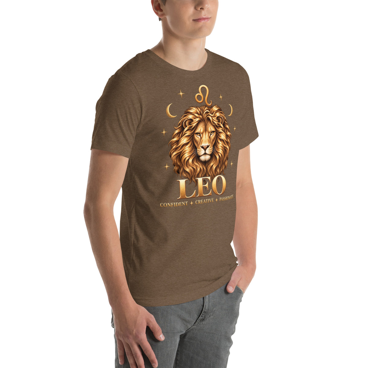 Leo zodiac t-shirt in heather brown, front view angled right