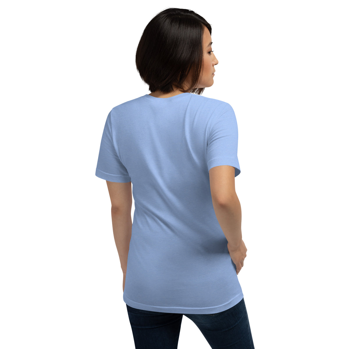 My Book Club Has A Coven Problem dark academia design, a witchy black cat and a stack of spellbooks, on a heather carolina blue unisex t-shirt, back view