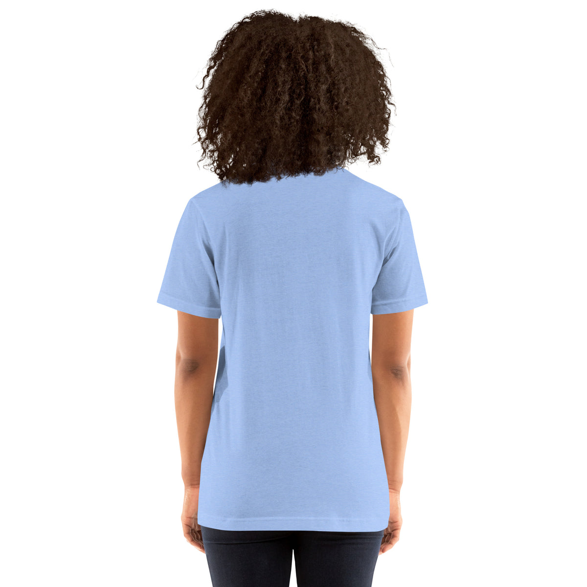 Currently Reading The Signs dark academia design, two black cats asleep over an open book beneath a crescent moon, on a heather carolina blue unisex t-shirt, back view