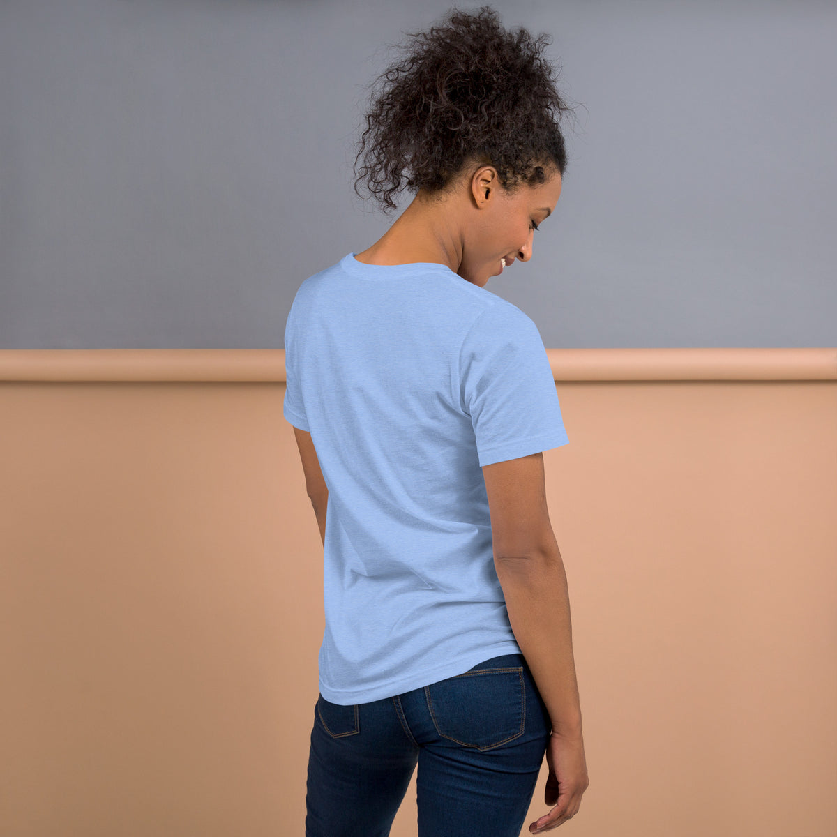 Black cat familiar witchy celestial design, heather carolina blue t-shirt, back view