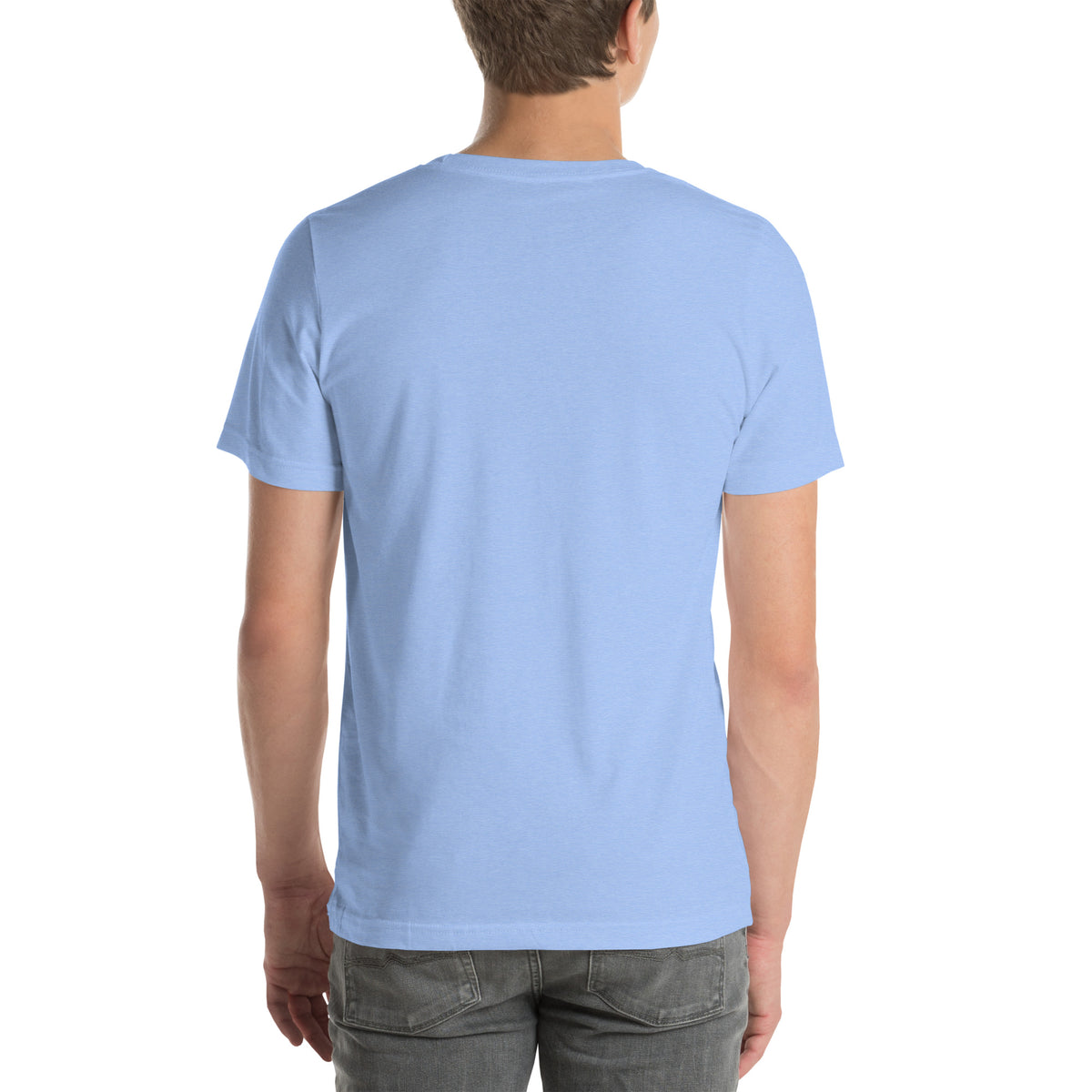 Blame My Birth Chart astrology design, a purple and green zodiac wheel with a gold sun face and crescent moon at its center, hung with gold ornaments, on a heather carolina blue unisex t-shirt, back view