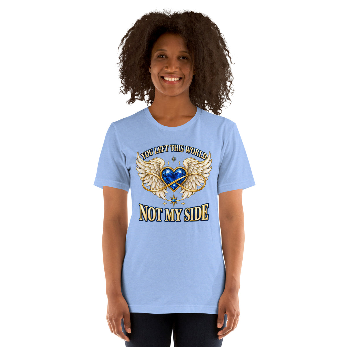 You Left This World Not My Side design, a blue gem heart with cream angel wings and a gold infinity ribbon under gold lettering, on a heather Carolina blue unisex t-shirt worn by a model, front view