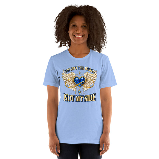 You Left This World Not My Side design, a blue gem heart with cream angel wings and a gold infinity ribbon under gold lettering, on a heather Carolina blue unisex t-shirt worn by a model, front view