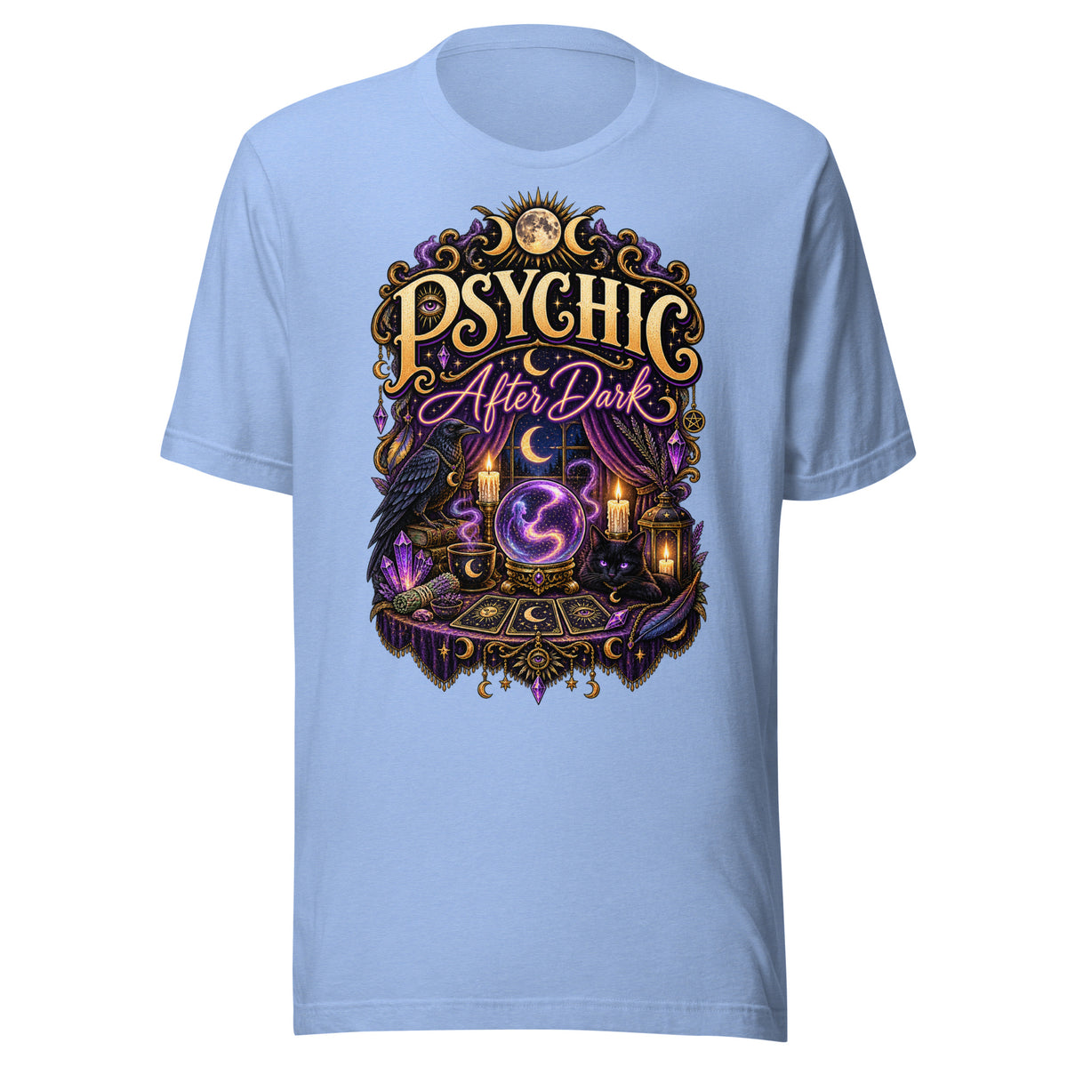 Psychic After Dark neon design, a black cat with a crystal ball, tarot cards and books, on a heather carolina blue unisex t-shirt, front view