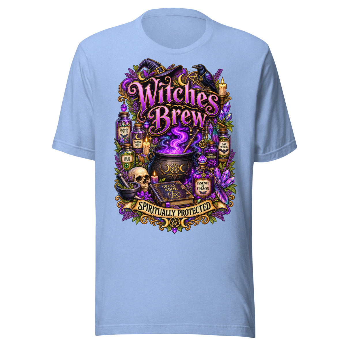 Witches Brew Spiritually Protected design, a bubbling cauldron with potion jars, on a heather carolina blue unisex t-shirt, front view