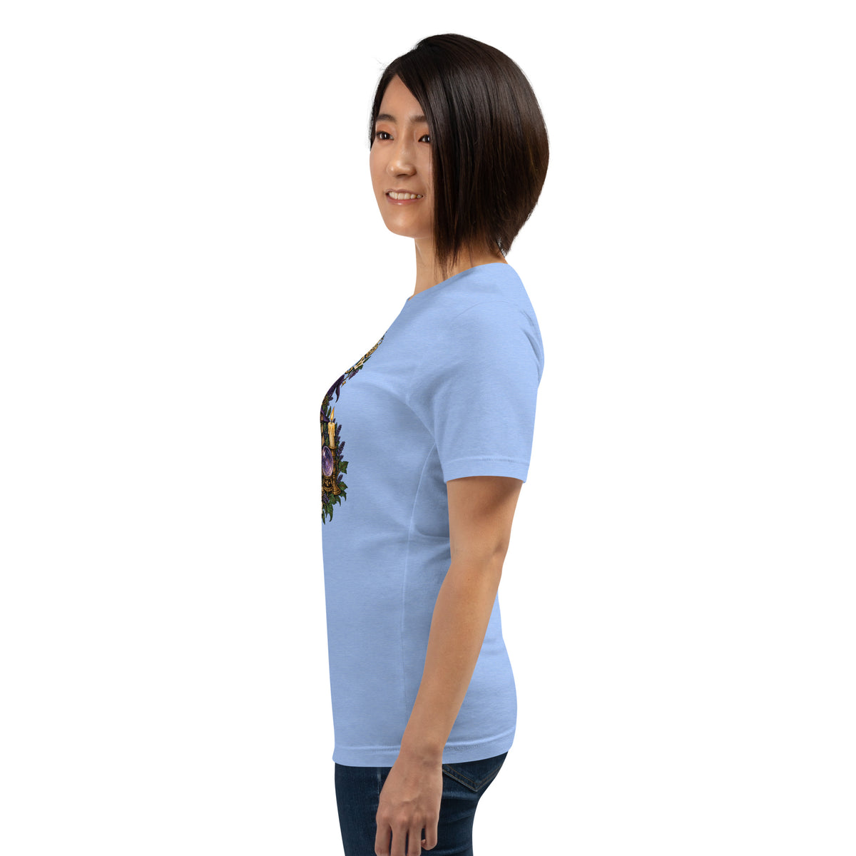 My Book Club Has A Coven Problem dark academia design, a witchy black cat and a stack of spellbooks, on a heather carolina blue unisex t-shirt, left side view
