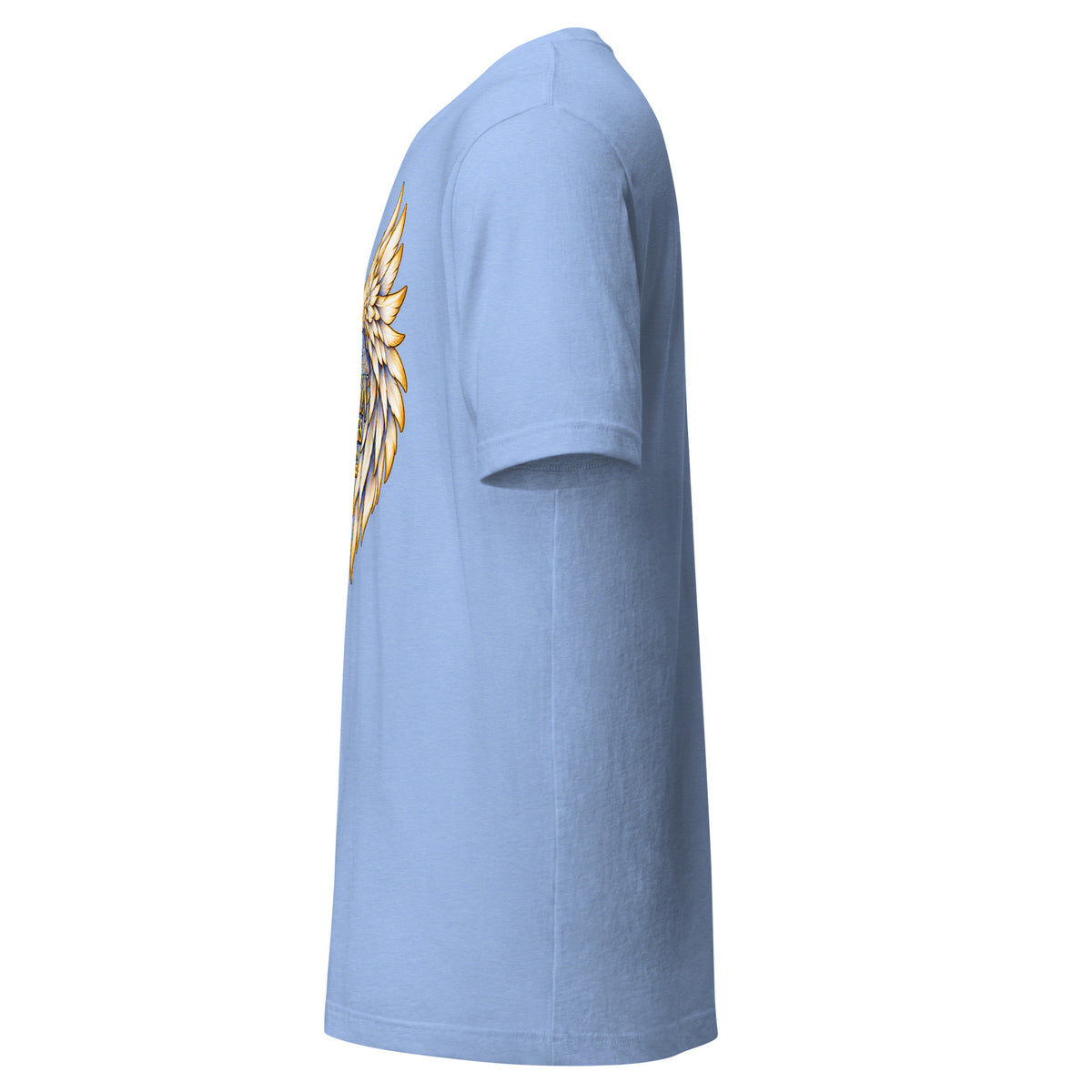 My Person Has Wings In Heaven design, gold and white angel wings curving into a heart around gold lettering with blue star sparkles, on a heather Carolina blue unisex t-shirt, left side view