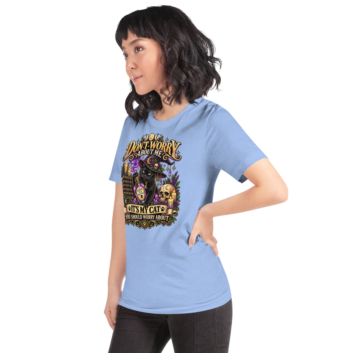 Model wearing a Heather Carolina Blue It's My Cat You Should Worry About t-shirt, left side view