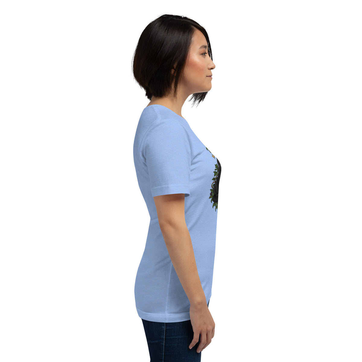My Book Club Has A Coven Problem dark academia design, a witchy black cat and a stack of spellbooks, on a heather carolina blue unisex t-shirt, right side view