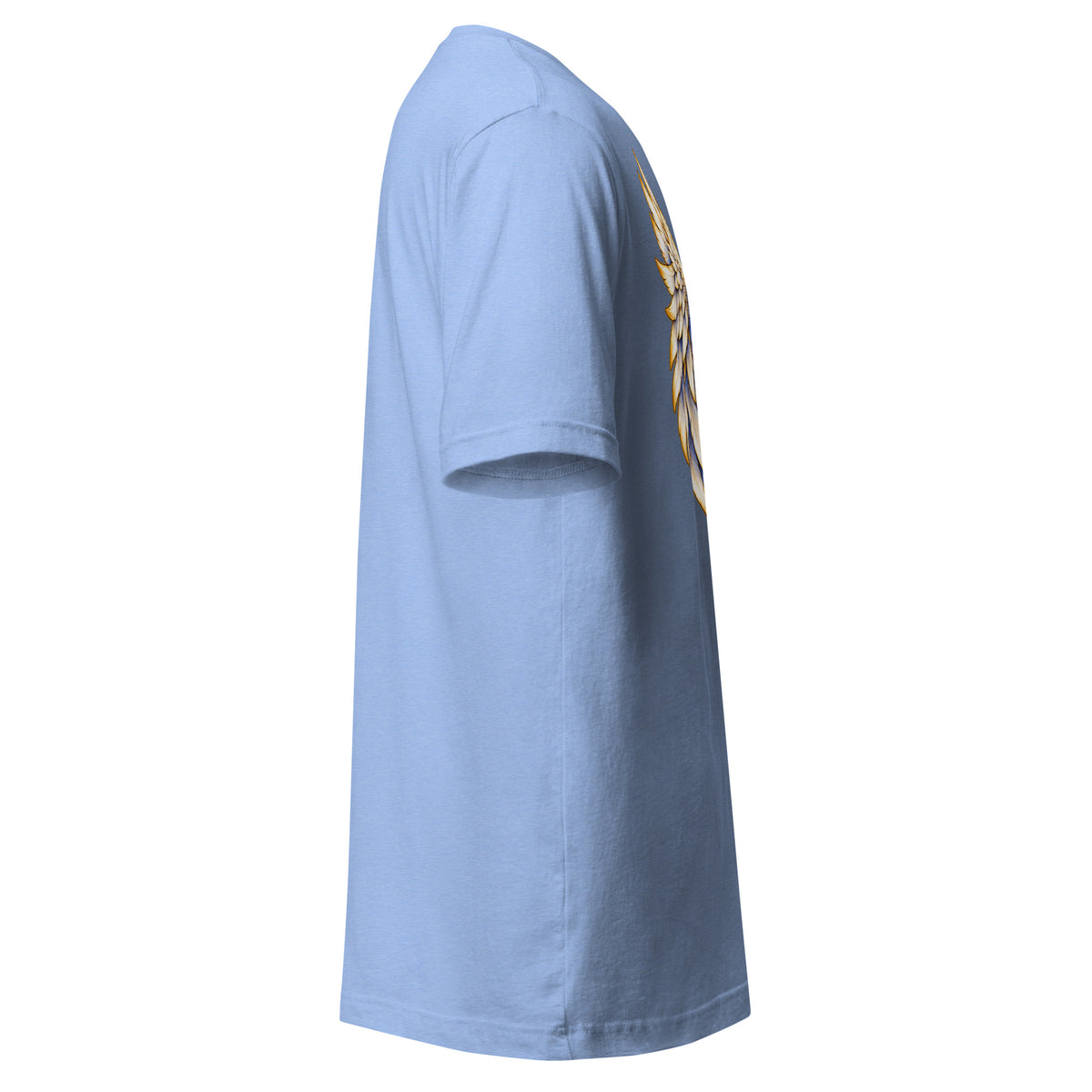 My Person Has Wings In Heaven design, gold and white angel wings curving into a heart around gold lettering with blue star sparkles, on a heather Carolina blue unisex t-shirt, right side view