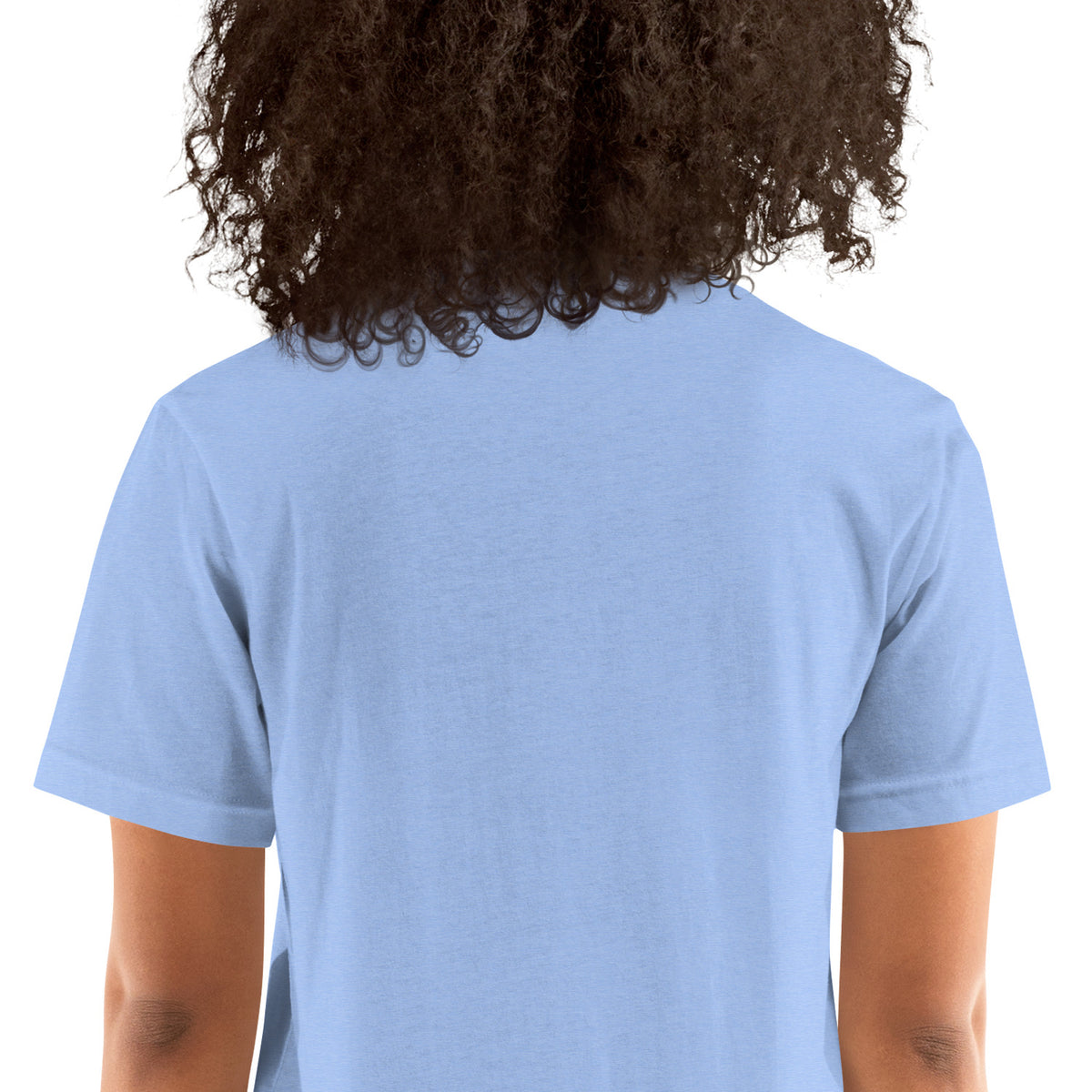 You Left This World Not My Side design, close-up of the plain back of a heather Carolina blue unisex t-shirt worn by a model, no design visible
