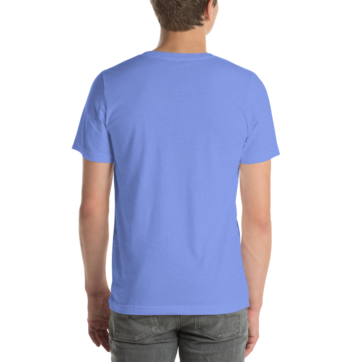 Grounded in Divine Energy design, on a heather columbia blue unisex t-shirt, back view