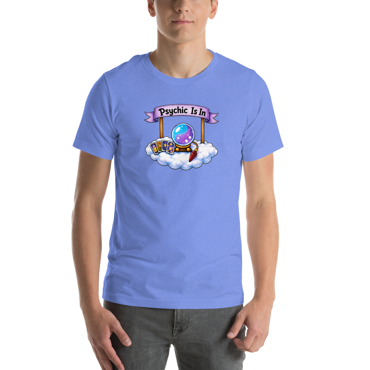 Psychic Is In design, playful floating clouds beneath a banner that reads Psychic Is Open for Business, on a heather columbia blue unisex t-shirt, front view