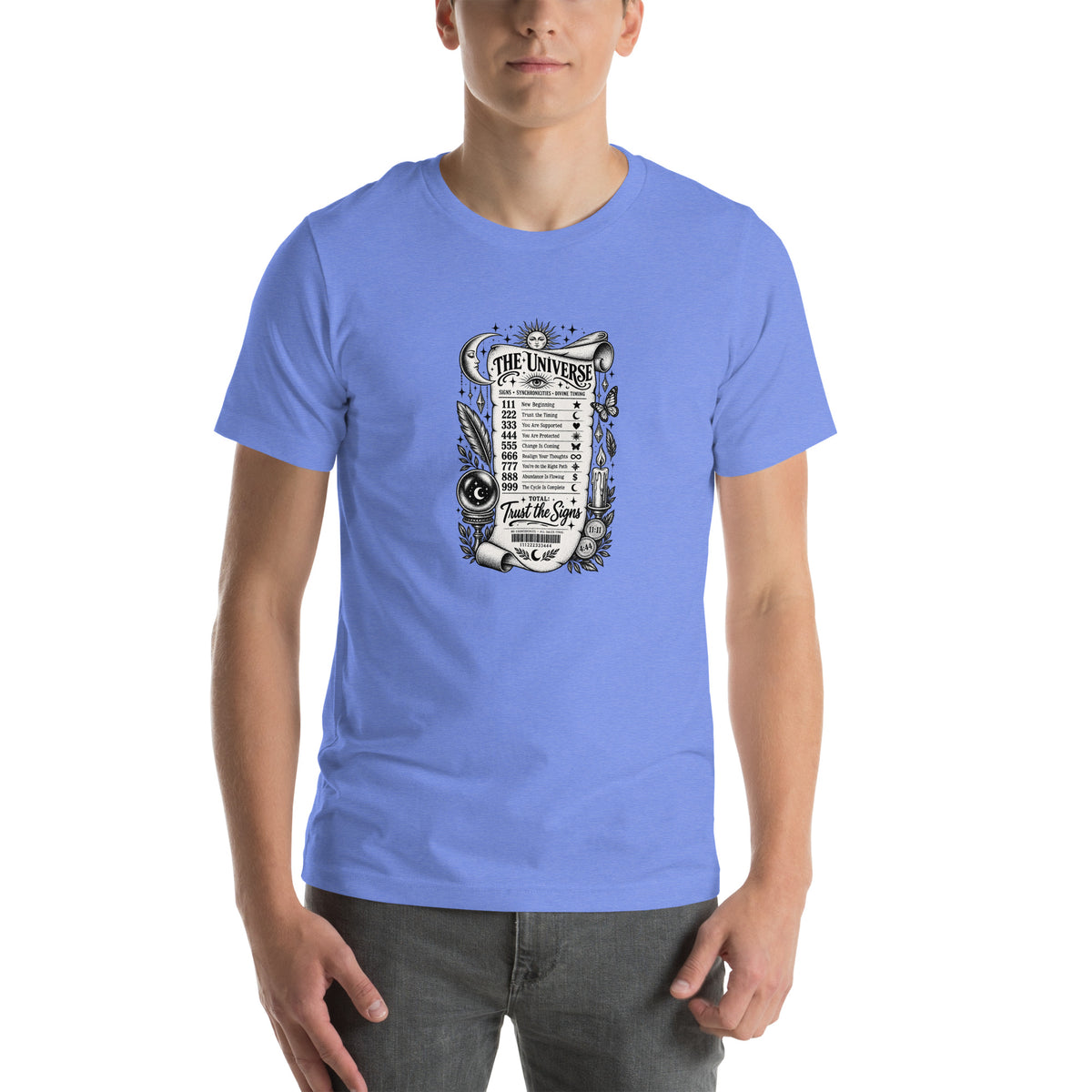 Trust the Signs design, a receipt from the Universe listing the angel numbers and their meanings, with a crystal ball and a candle, on a heather columbia blue unisex t-shirt, front view