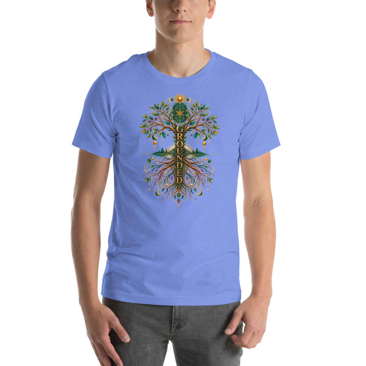 Grounded in Divine Energy design, on a heather columbia blue unisex t-shirt, front view