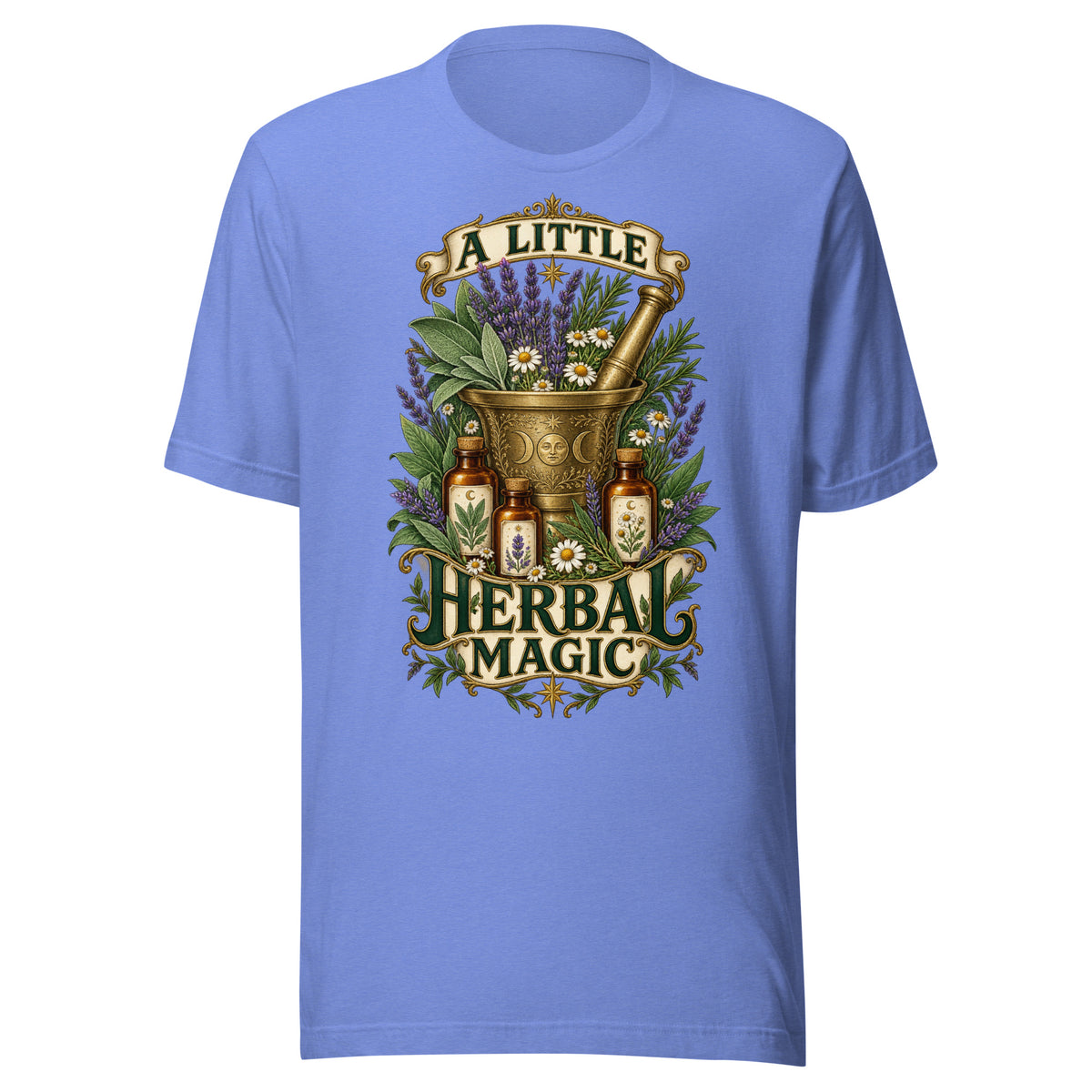 A Little Herbal Magic unisex t-shirt in heather columbia blue, front. Herbology design with sage, lavender and healing herbs.