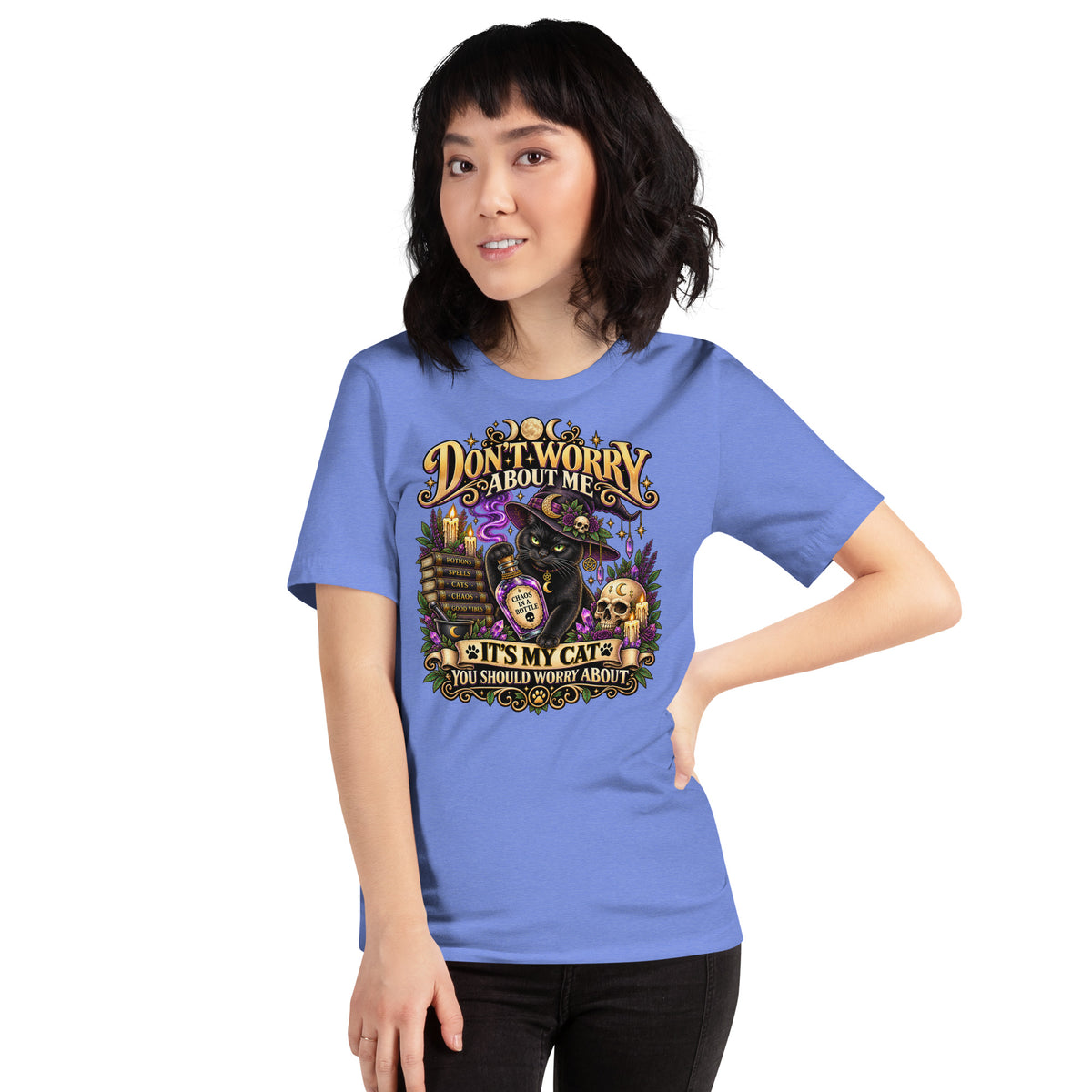 It's My Cat You Should Worry About black cat design on a Heather Columbia Blue unisex t-shirt, front view