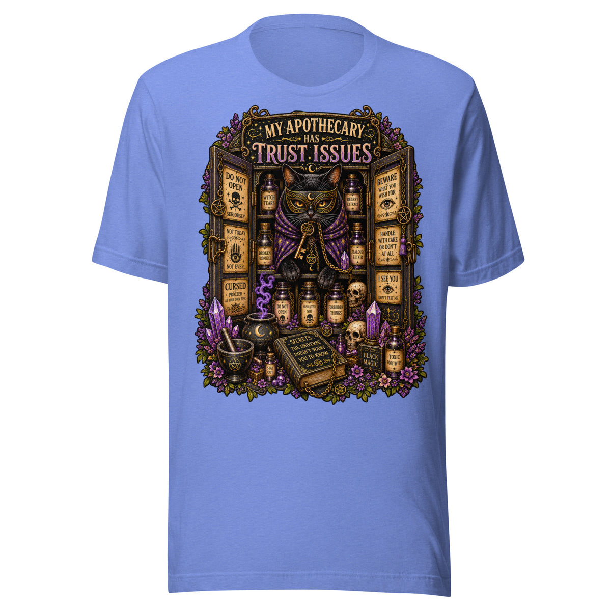 My Apothecary Has Trust Issues design, a masked black cat guarding a cabinet of labeled potions, on a heather columbia blue unisex t-shirt, front view
