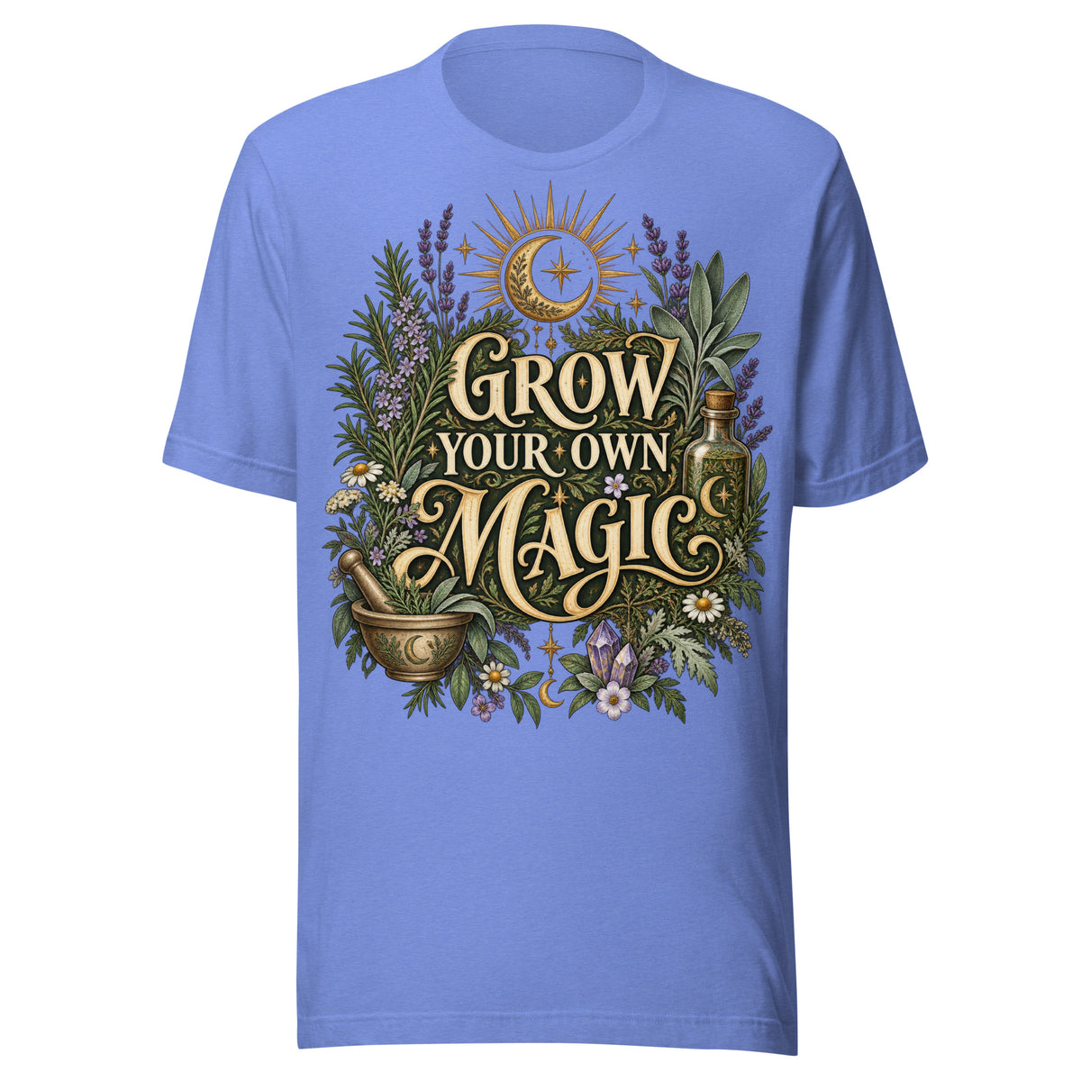 Grow Your Own Magic herbology design, herbs and a golden moon, on a heather columbia blue unisex t-shirt, front view