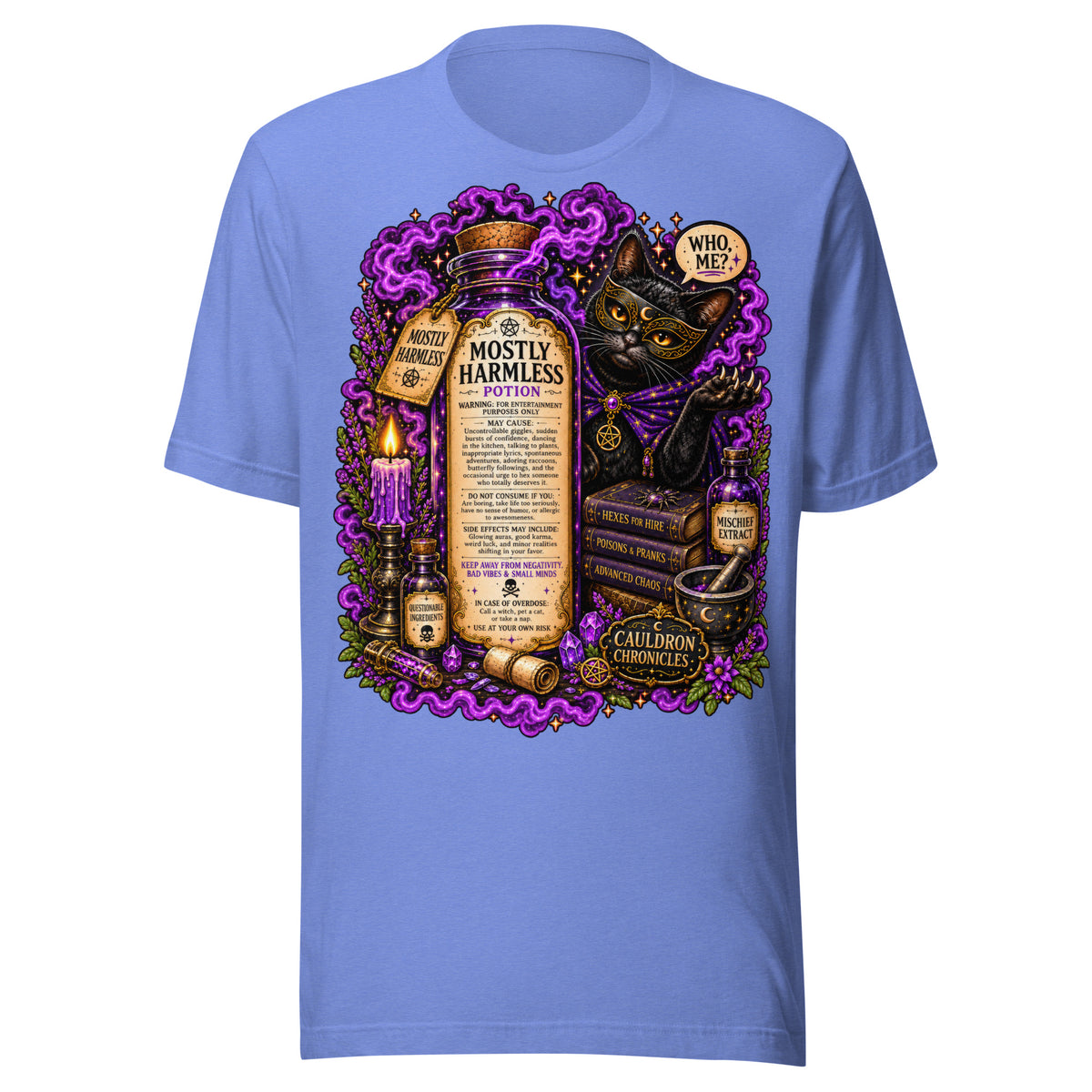 Mostly Harmless design, a potion bottle and a masked black cat, on a heather columbia blue unisex t-shirt, front view