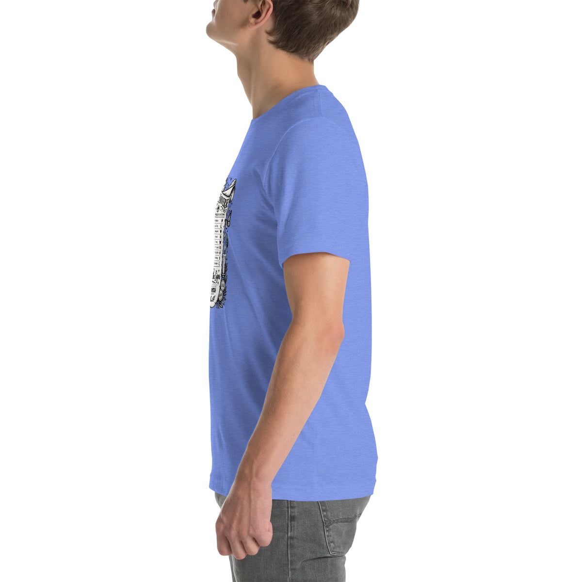Trust the Signs design, a receipt from the Universe listing the angel numbers and their meanings, with a crystal ball and a candle, on a heather columbia blue unisex t-shirt, left side view