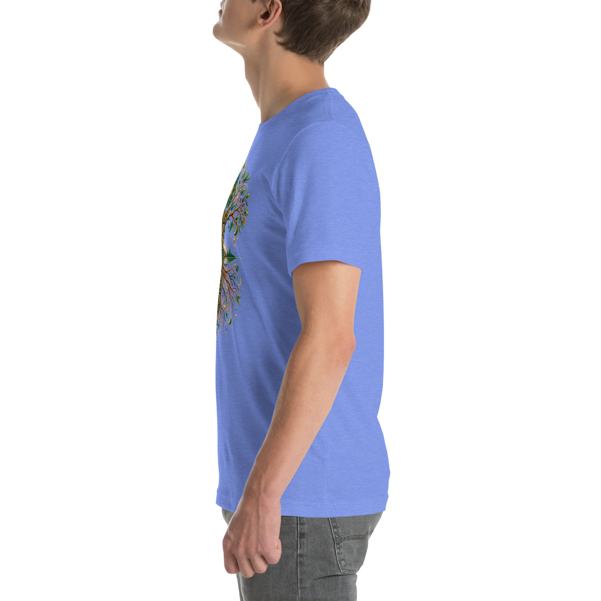 Grounded in Divine Energy design, on a heather columbia blue unisex t-shirt, left side view