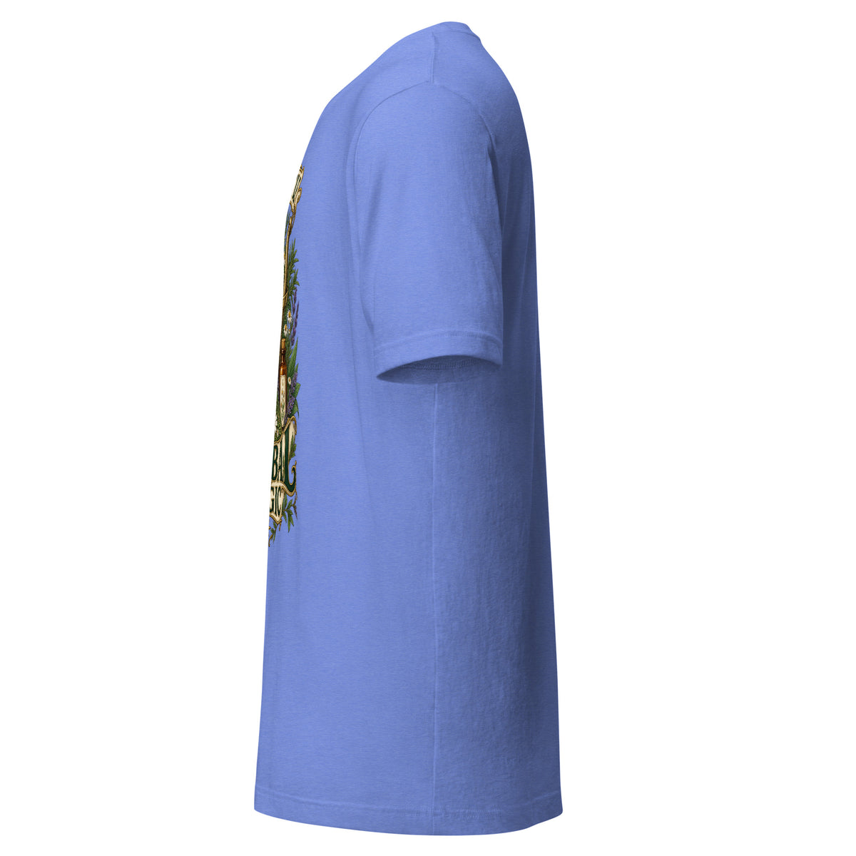 A Little Herbal Magic unisex t-shirt in heather columbia blue, left side, showing the sleeve and side seam.