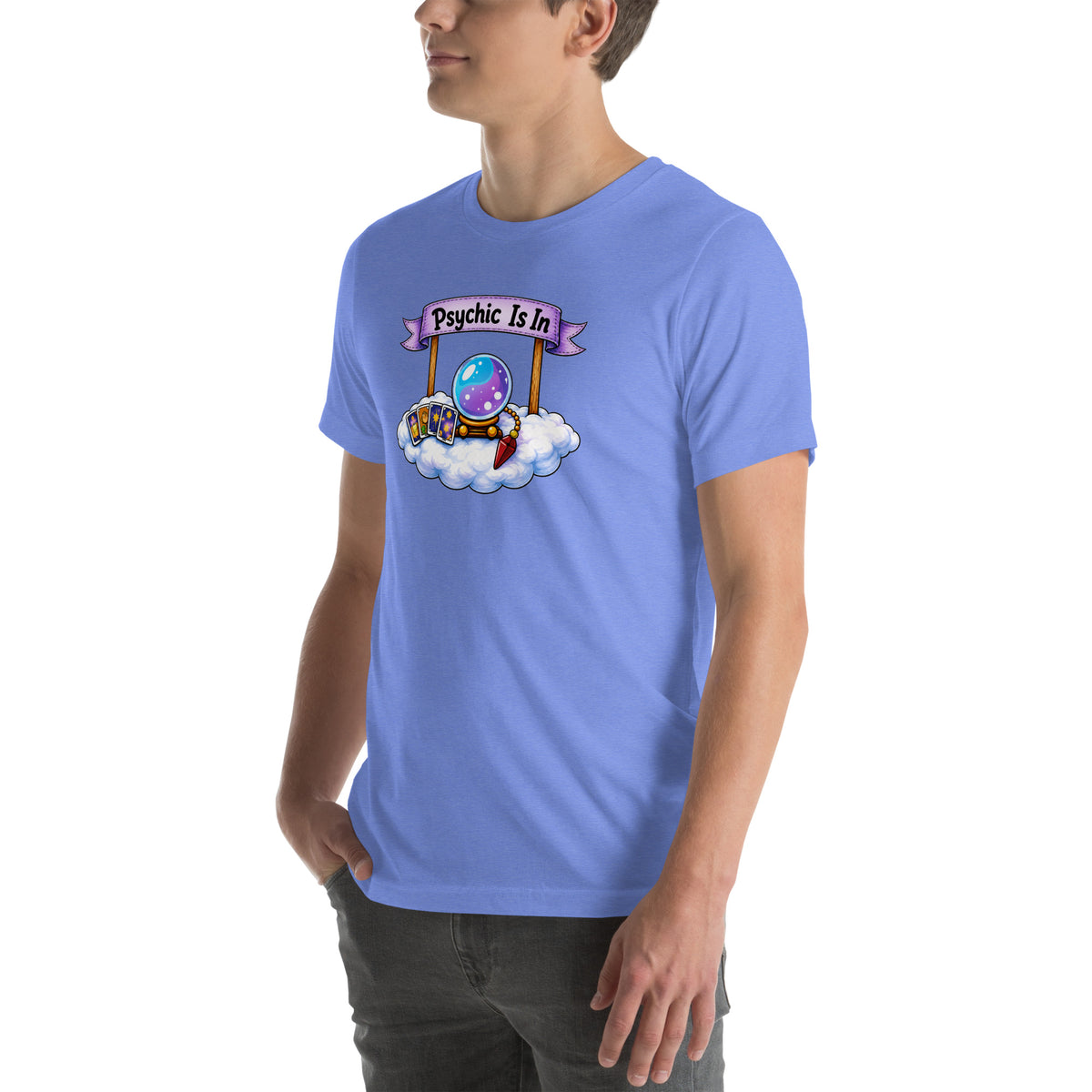 Psychic Is In design, playful floating clouds beneath a banner that reads Psychic Is Open for Business, on a heather columbia blue unisex t-shirt, angled left front view