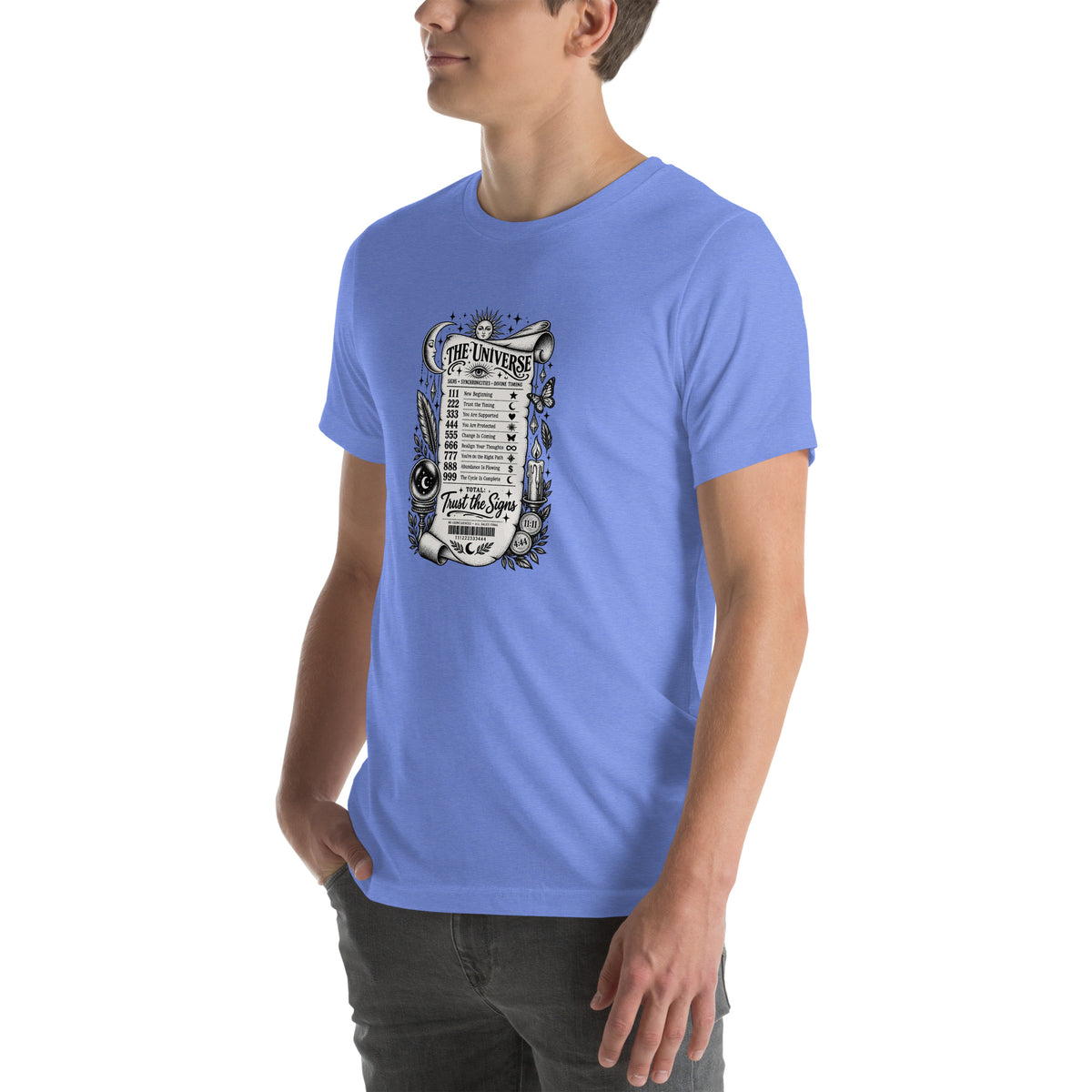 Trust the Signs design, a receipt from the Universe listing the angel numbers and their meanings, with a crystal ball and a candle, on a heather columbia blue unisex t-shirt, angled left front view