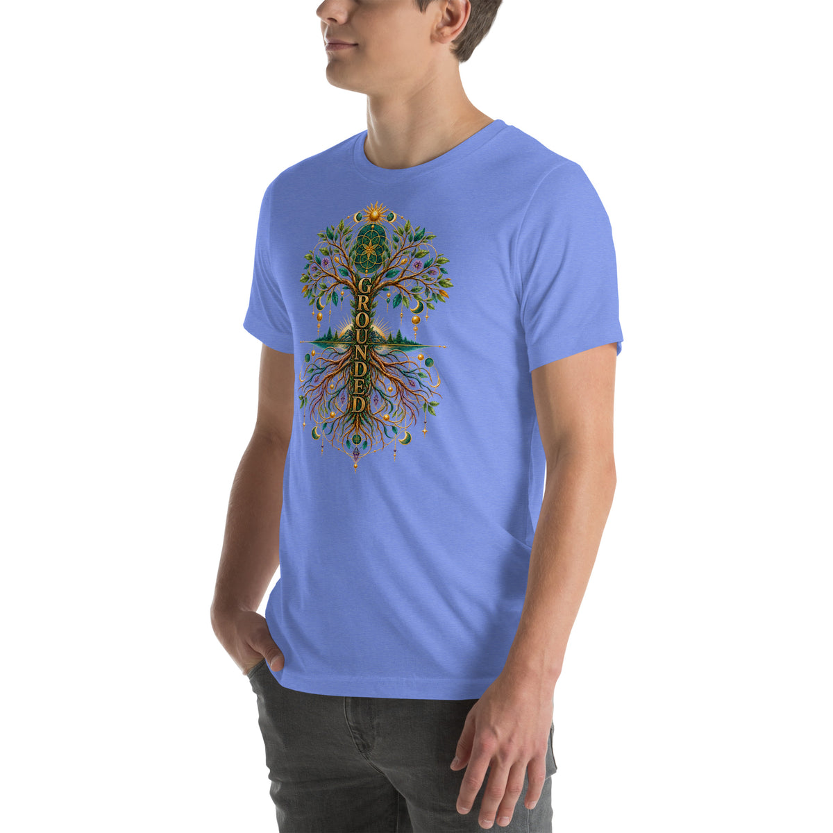 Grounded in Divine Energy design, on a heather columbia blue unisex t-shirt, angled left front view