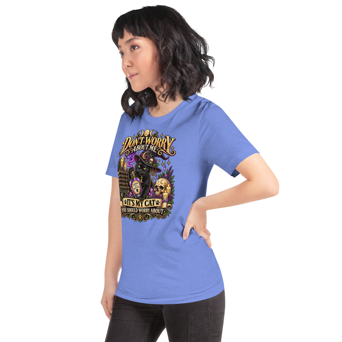 Model wearing a Heather Columbia Blue It's My Cat You Should Worry About t-shirt, left side view