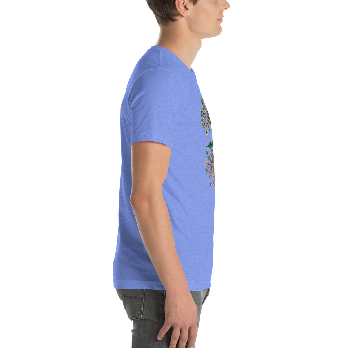 Grounded in Divine Energy design, on a heather columbia blue unisex t-shirt, right side view