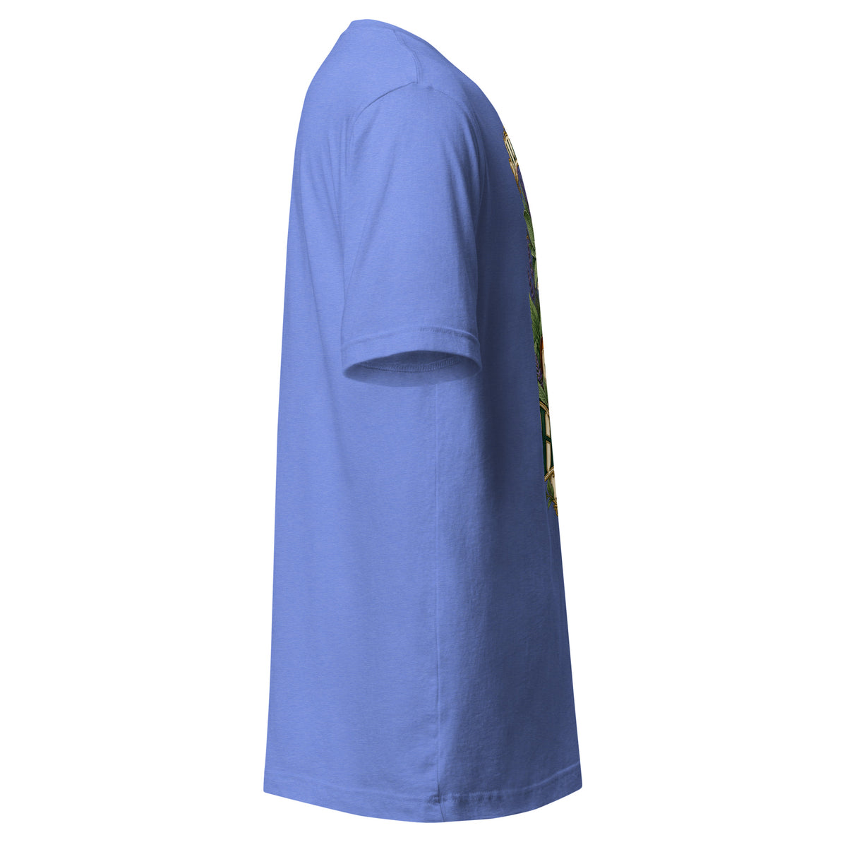 A Little Herbal Magic unisex t-shirt in heather columbia blue, right side, showing the sleeve and shoulder taping.
