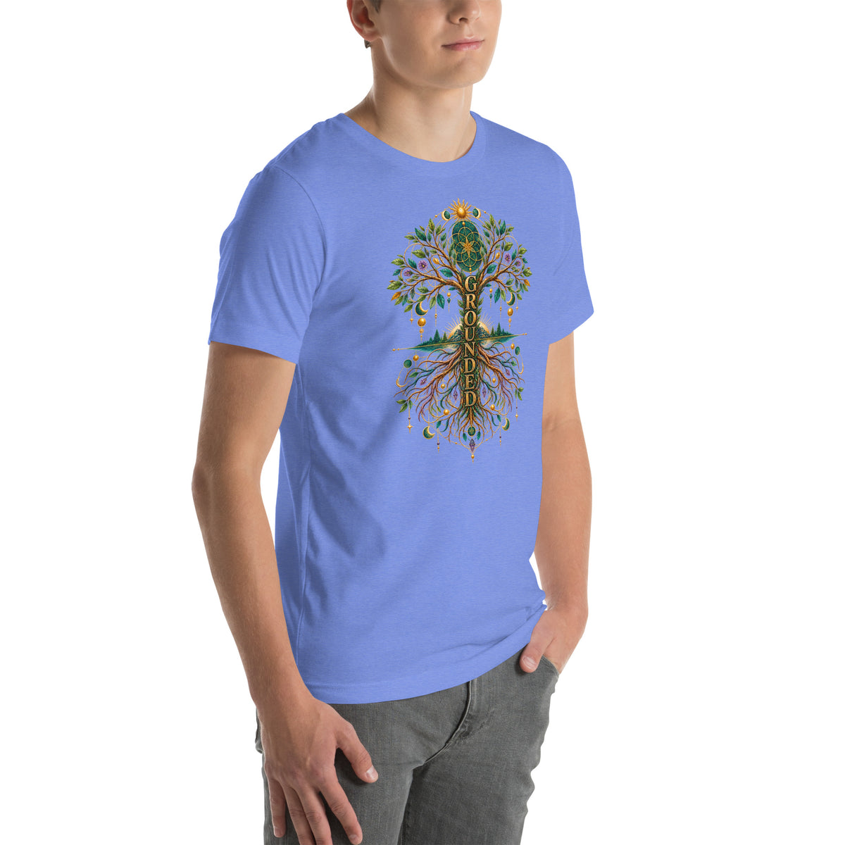 Grounded in Divine Energy design, on a heather columbia blue unisex t-shirt, angled right front view