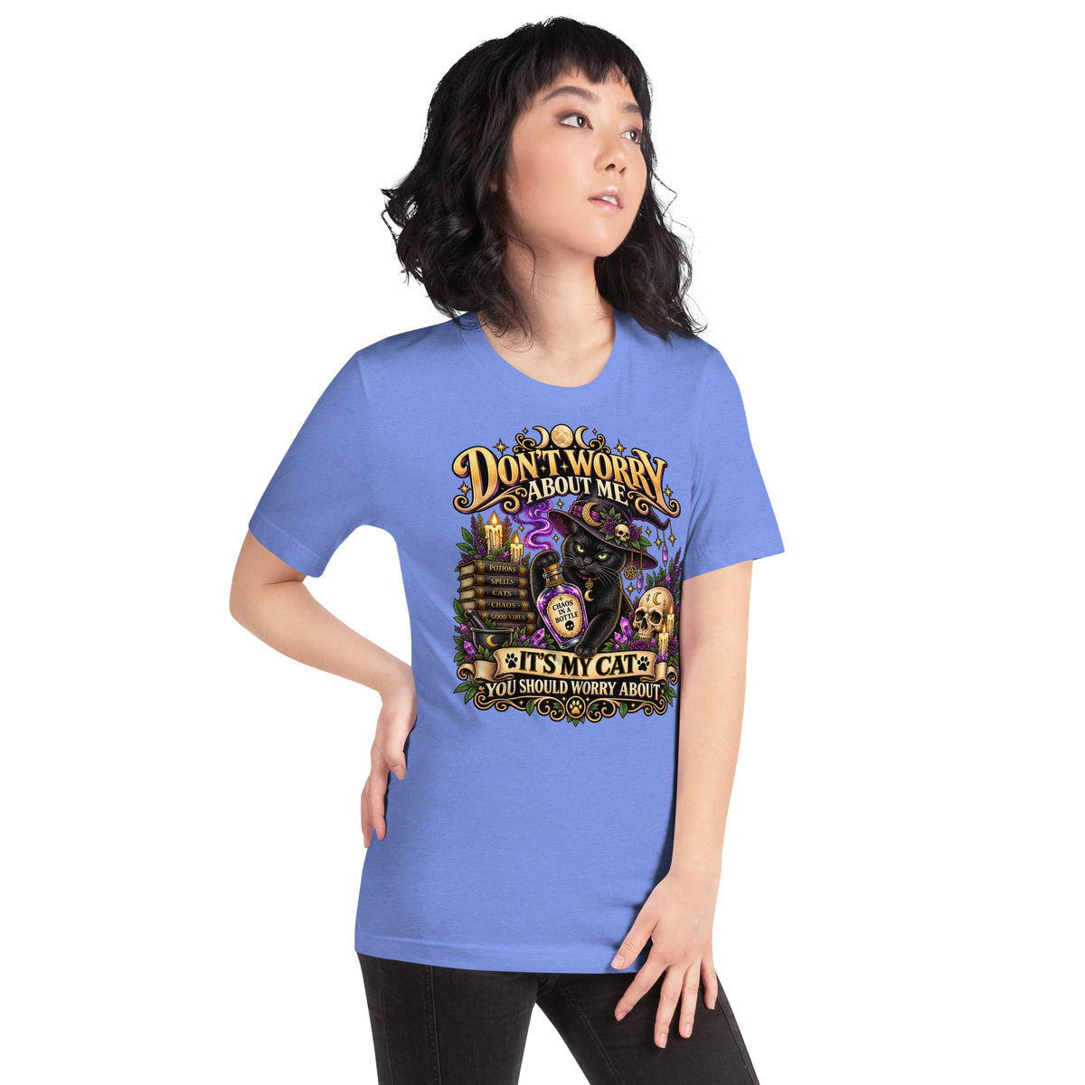 Model wearing a Heather Columbia Blue It's My Cat You Should Worry About t-shirt, right side view