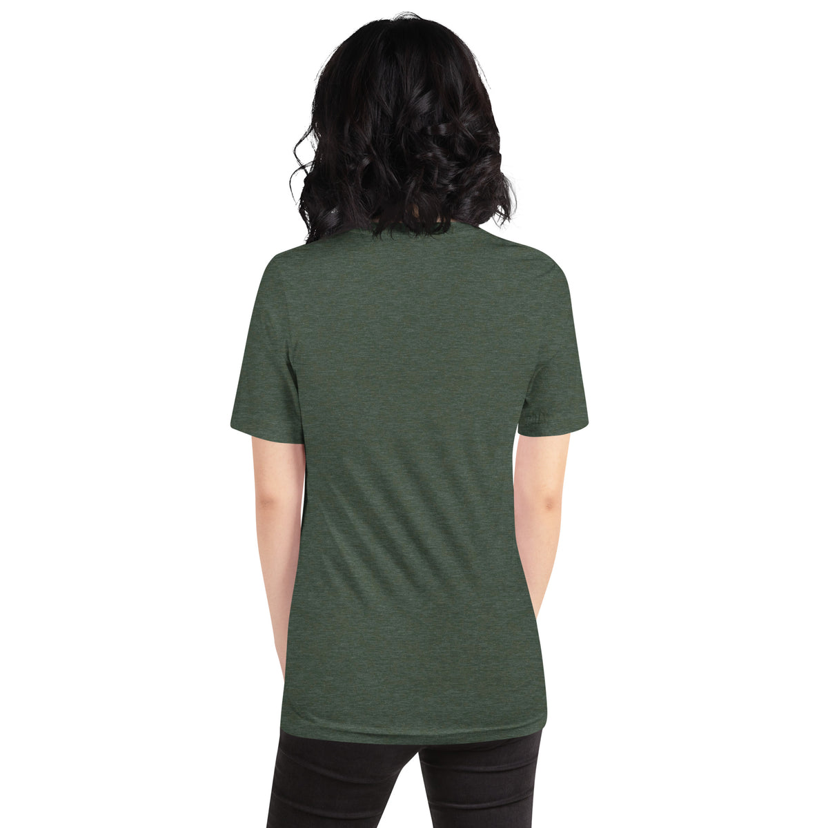 Chaos Coordinator whimsigoth design, a witchy black cat in a pointed hat, on a heather forest unisex t-shirt, back view