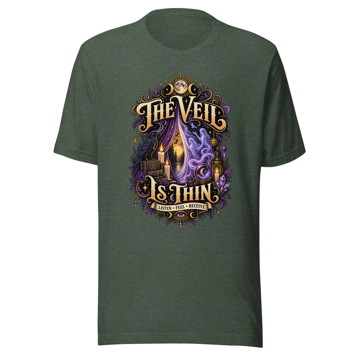 The Veil Is Thin whimsigoth design, a raven, candles and spirits rising through a parted veil, on a heather forest unisex t-shirt, front view