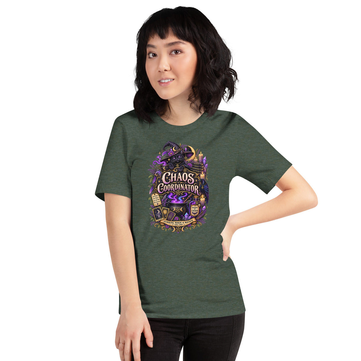 Chaos Coordinator whimsigoth design, a witchy black cat in a pointed hat, on a heather forest unisex t-shirt, front view