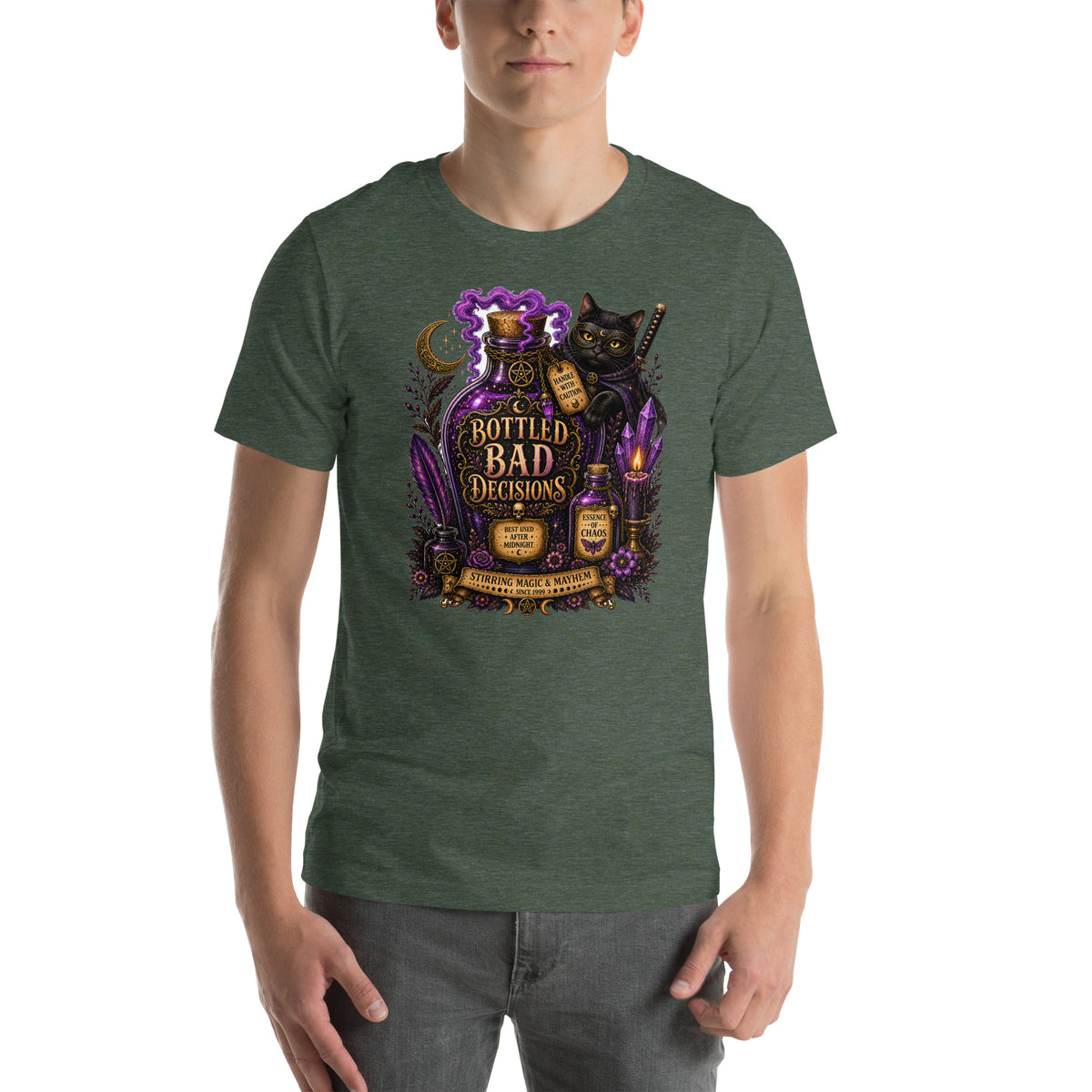 Bottled Bad Decisions whimsigoth design, a black cat and a glowing potion bottle, on a heather forest unisex t-shirt, front view