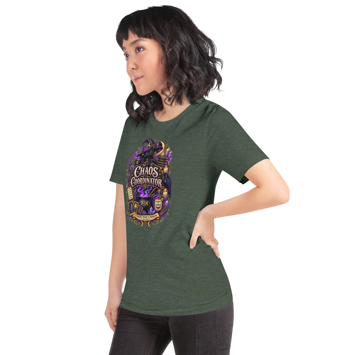 Chaos Coordinator whimsigoth design, a witchy black cat in a pointed hat, on a heather forest unisex t-shirt, left front view