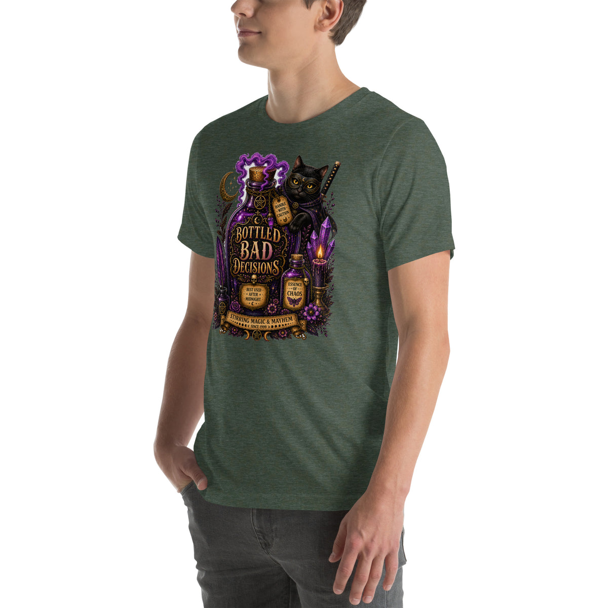 Bottled Bad Decisions whimsigoth design, a black cat and a glowing potion bottle, on a heather forest unisex t-shirt, left front view