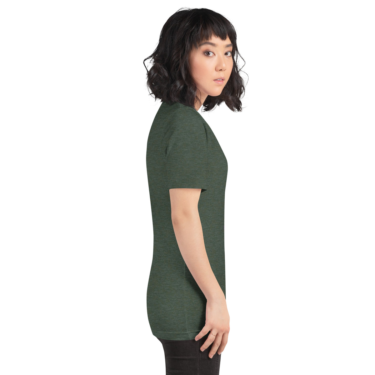 Chaos Coordinator whimsigoth design, a witchy black cat in a pointed hat, on a heather forest unisex t-shirt, right side view