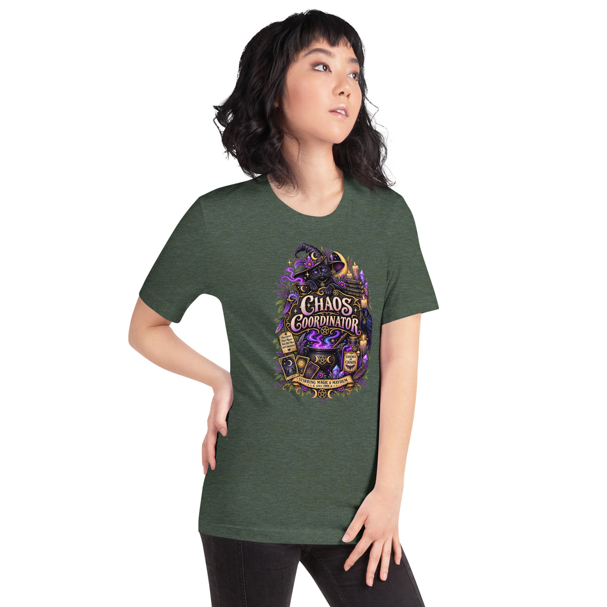 Chaos Coordinator whimsigoth design, a witchy black cat in a pointed hat, on a heather forest unisex t-shirt, right front view
