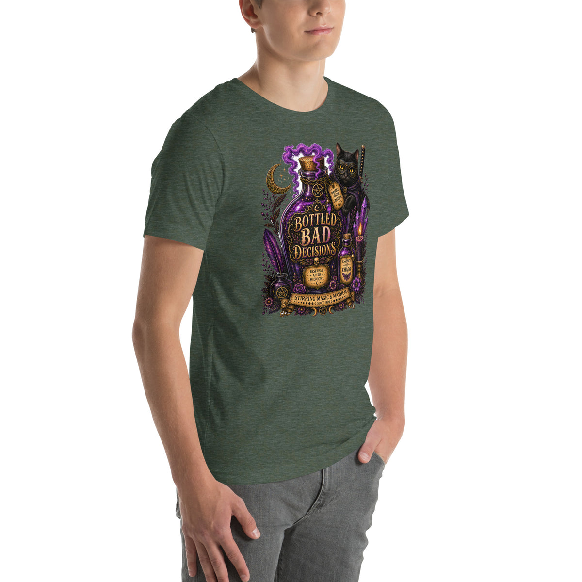 Bottled Bad Decisions whimsigoth design, a black cat and a glowing potion bottle, on a heather forest unisex t-shirt, right front view