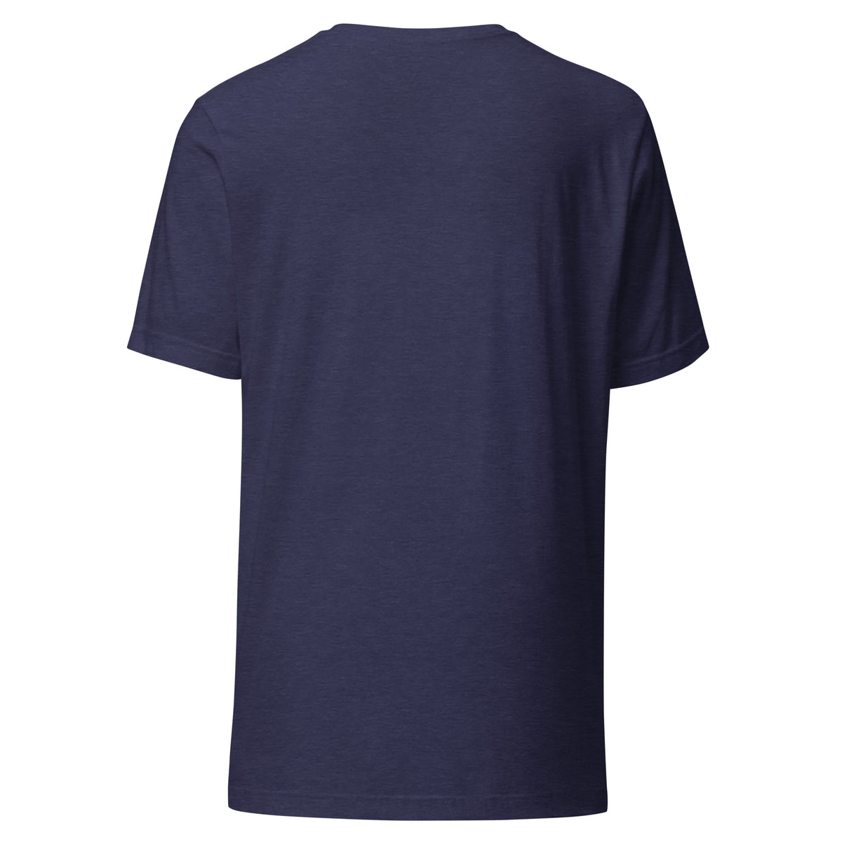 Mostly Harmless unisex t-shirt in heather midnight navy, back view