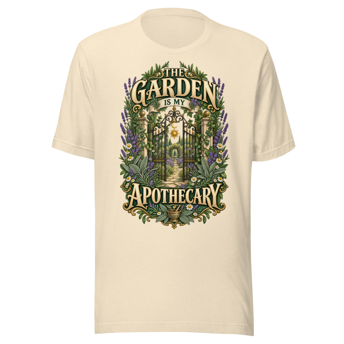 The Garden Is My Apothecary unisex t-shirt in heather natural, front. Gold apothecary lettering with herbs, an amber bottle and amethyst crystals.